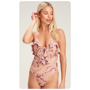Power 2 The Flower P2F Farrah Mauve Floral Ruffled Backless One Piece Swimsuit